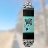Manta Ray Teal Black White Polynesian w Initial Skateboard