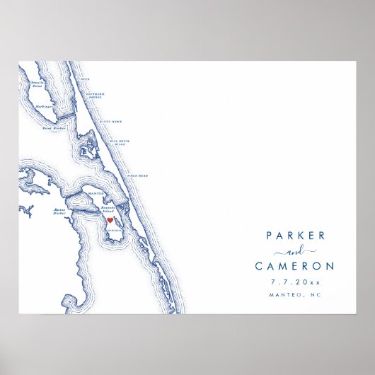 Manteo NC Wedding Map Navy Blue Gästebuchposter Poster (Vorne)