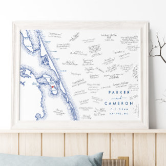 Manteo NC Wedding Map Navy Blue Gästebuchposter Poster