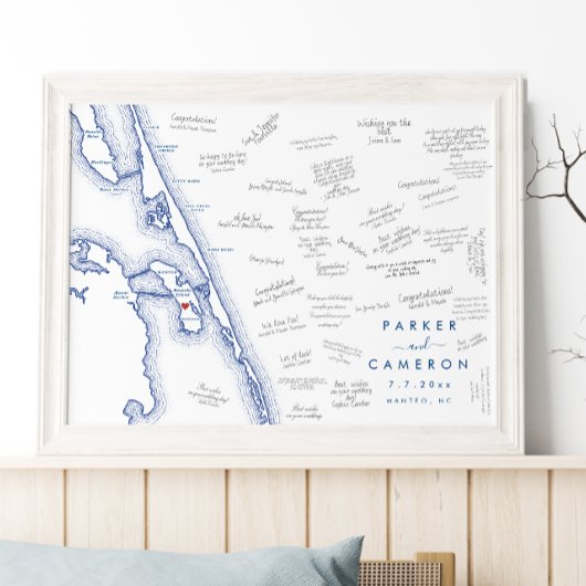 Manteo NC Wedding Map Navy Blue Gästebuchposter Poster