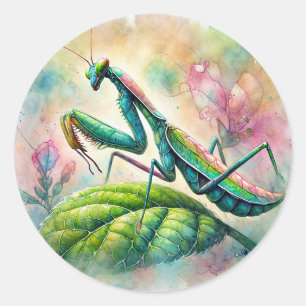 Mantis auf der Wasserfarbe Leaf beten Runder Aufkleber