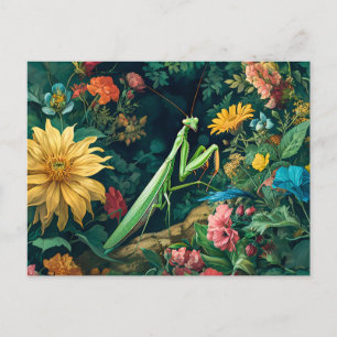 Mantis mit Dahlias und anderen Blüten im Garten be Postkarte