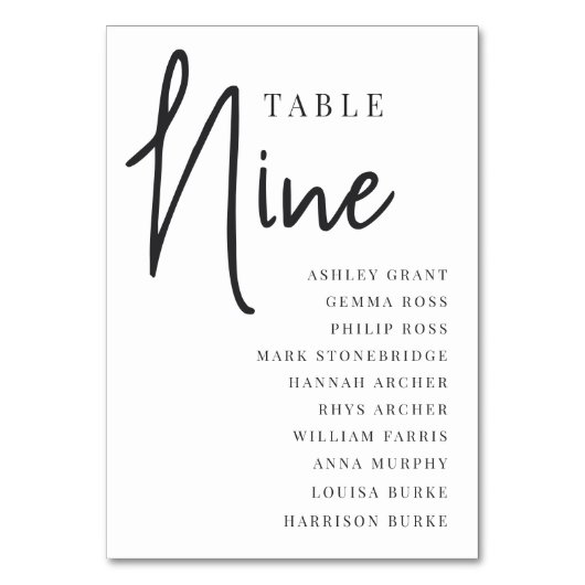 Manuell Scripted Table NINE + Guest Names Tischnummer (Vorderseite)
