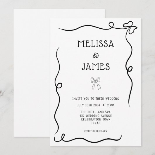 Manuelle gezeichnete Bow Whimsical Wedding Einladung (Vorne/Hinten)