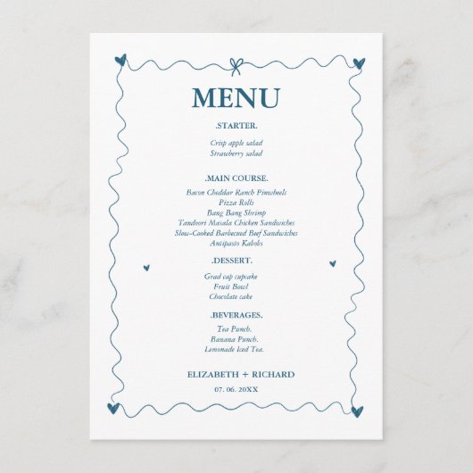 Manuelle Scribble Blue Illustration Hochzeit Menükarte (Vorderseite)