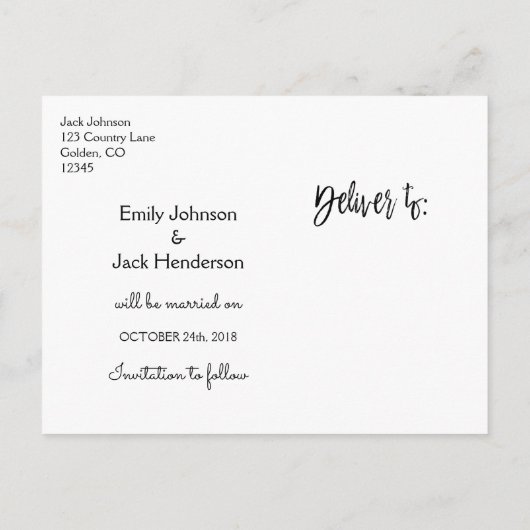 Manuelle SkriptWedding Save the Date Foto Ankündigungspostkarte (Rückseite)