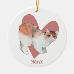 Manx Cat Watercolor Kitty Pink Herz Keramik Ornament