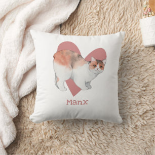Manx Cat Watercolor Kitty Pink Herz Kissen