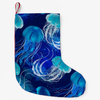 Many blue jellyfishes swimming underwater. Seamles Kleiner Weihnachtsstrumpf