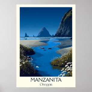 Manzanita Oregon Vintag Coastal Beach Travel Art Poster