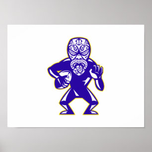 Maori Mask Rugby-Spieler mit Ball-Fending Poster