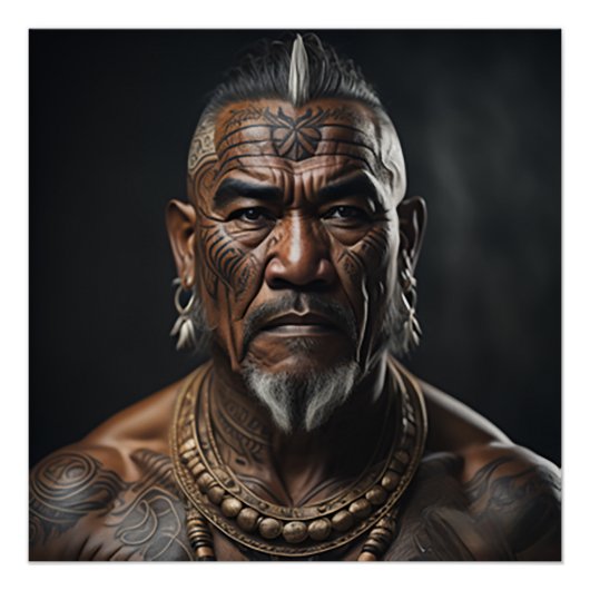 Maori Warrior Chef mit Gefecht Tattoos Poster (Vorderseite)