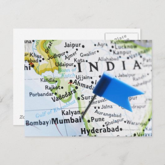 Map Button in Mumbai, Indien auf Karte, nah-up Postkarte (Vorne/Hinten)