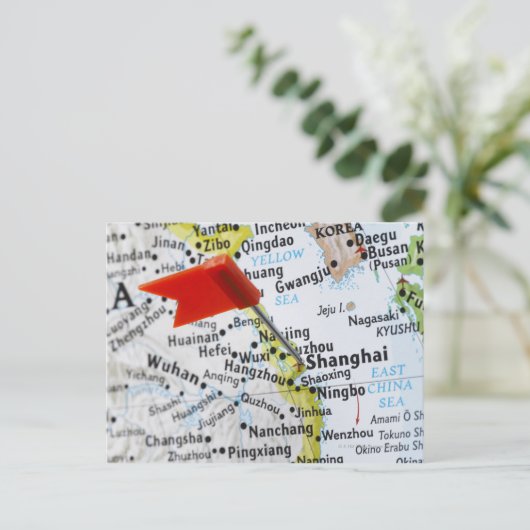 Map Button in Shanghai, China auf Karte, Postkarte (Stehend Vorderseite)