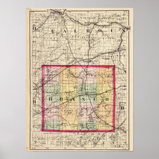 Map of Branch Landkreis, Michigan Poster (Vorne)