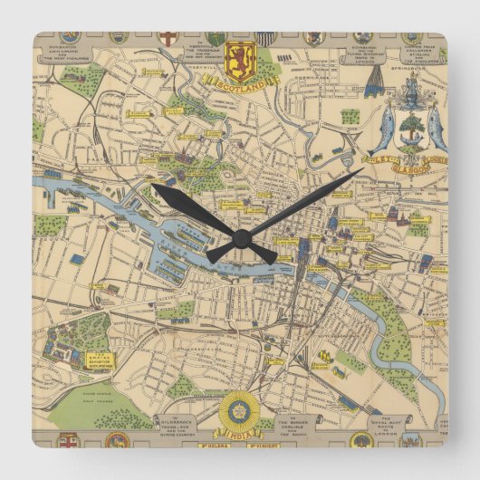 Map of Glasgow, England Quadratische Wanduhr (Vorderseite)
