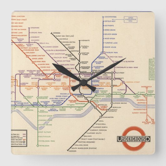 Map of London's Underground Railways Quadratische Wanduhr (Vorderseite)