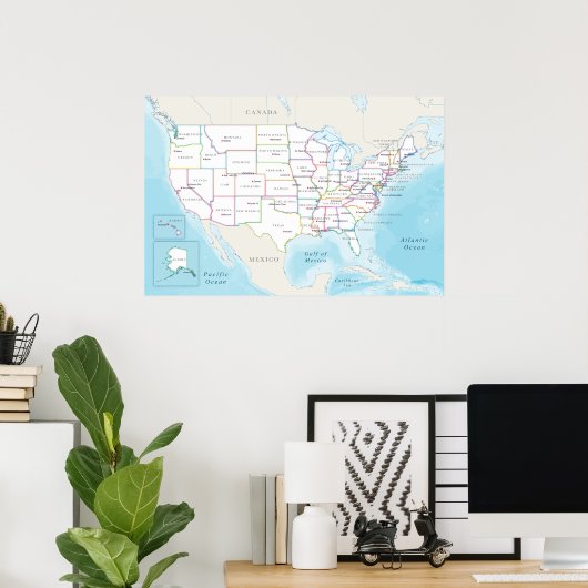 Map of the United States with State Capitals Poster (Heimbüro)