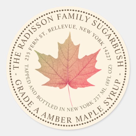 MAPLE SYRUP STAAT NAME ELABEL IVORY RUNDER AUFKLEBER (Vorderseite)