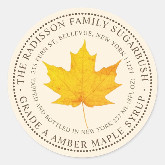 MAPLE SYRUP STAAT NAME ELABEL IVORY RUNDER AUFKLEBER (Vorderseite)