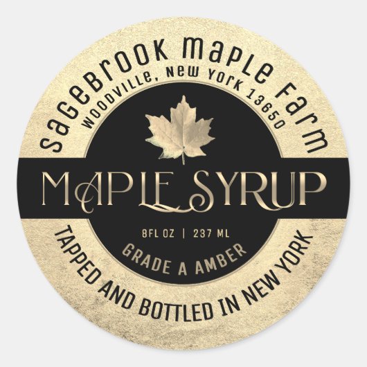 MAPLE SYRUP STAAT NAME ETIKETT GOLD & SCHWARZ RUNDER AUFKLEBER (Vorderseite)