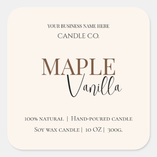 Maple Vanilla | Elegant Fall Soy Candle Label Quadratischer Aufkleber (Vorderseite)