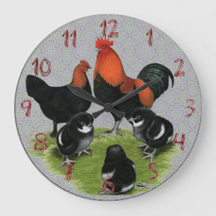 Marans Schwarz-Kupfer-Hühnchenfamilie Große Wanduhr