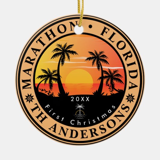 Marathon Florida Retro Sunset Palm Tree 80er Keramik Ornament (Vorne)