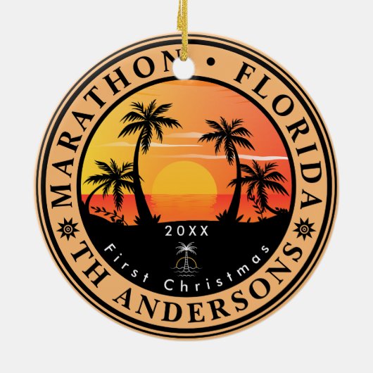 Marathon Florida Retro Sunset Palm Tree 80er Keramik Ornament (Hinten)