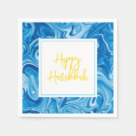 Marbelized Paint Art Blue Happy Hanukkah Yellow Serviette