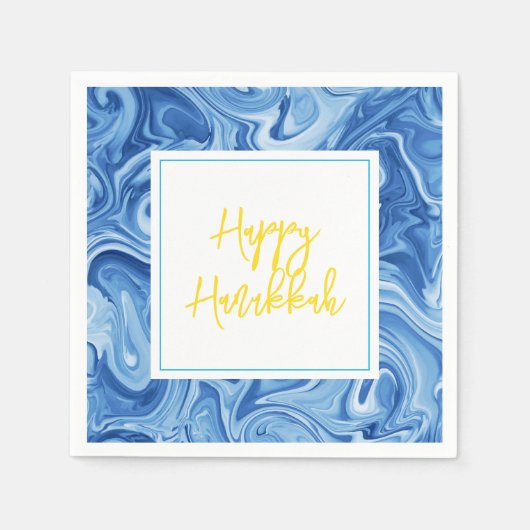 Marbelized Paint Art Blue Happy Hanukkah Yellow Serviette (Vorderseite)