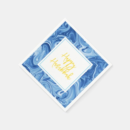 Marbelized Paint Art Blue Happy Hanukkah Yellow Serviette (Ecke)