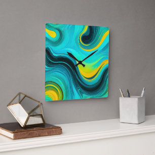 "Marbella" Gelbe Wirbel Waves Quadratische Wanduhr