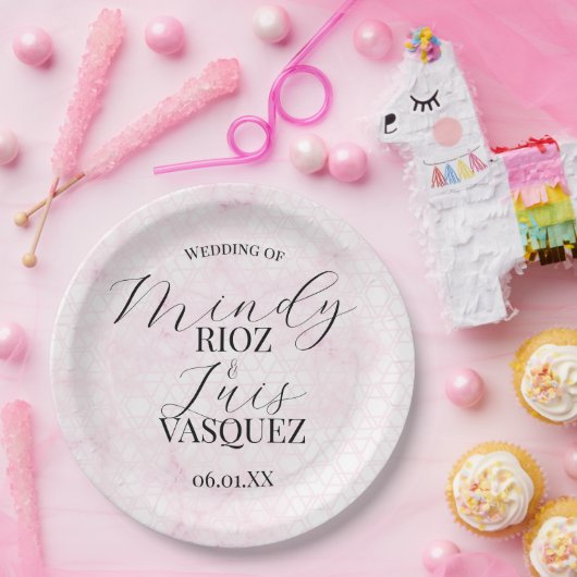 Marble Abstract Pink Wedding Script Black Pappteller (Party)