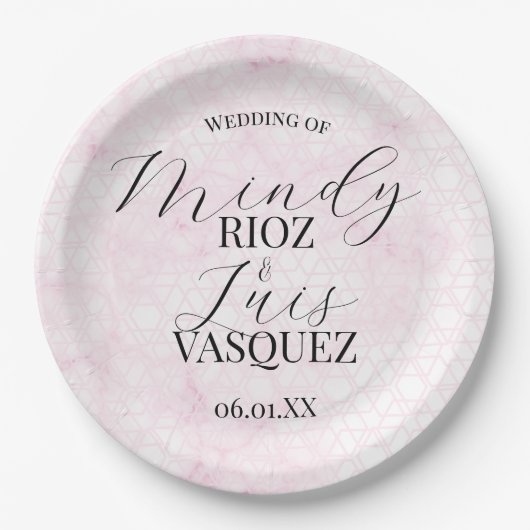 Marble Abstract Pink Wedding Script Black  Pappteller (Vorderseite)