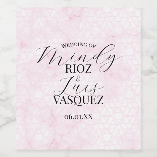 Marble Abstract Pink Wedding Script Black  Weinetikett (Einzelnes Label)