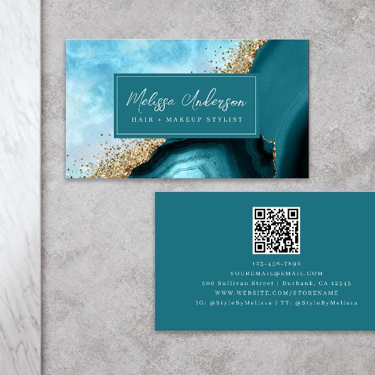 Marble Agate Aquamarin Gold Glitzer QR Code Visitenkarte