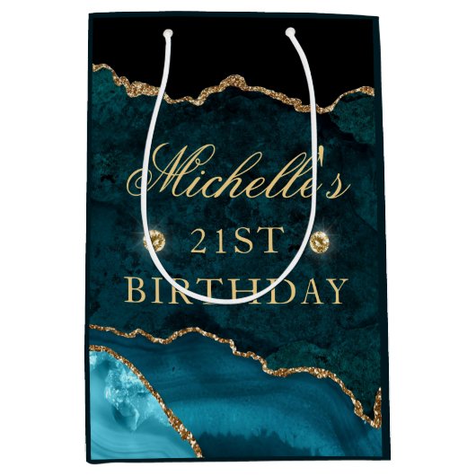 Marble Agate Birthday, aquamarin und Gold Glitzer Mittlere Geschenktüte (Vorderseite)