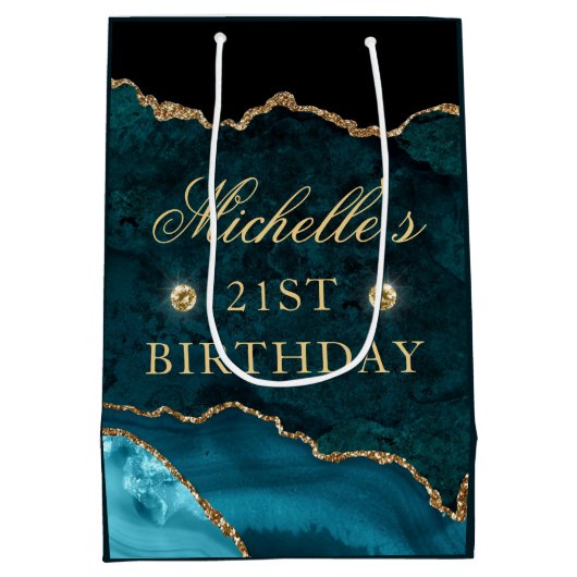 Marble Agate Birthday, aquamarin und Gold Glitzer Mittlere Geschenktüte (Rückseite)