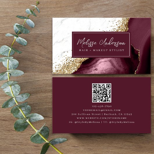 Marble Agate Burgundy Gold Glitzer QR Code Visitenkarte
