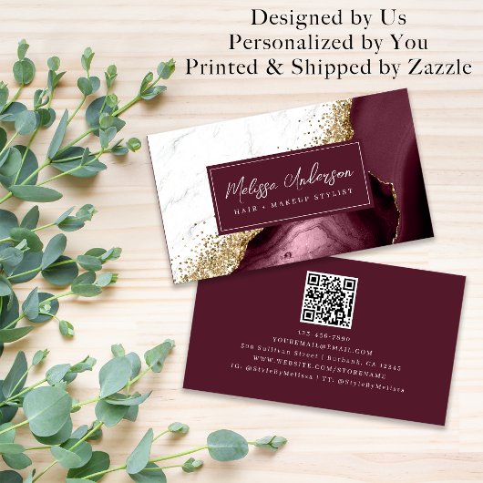 Marble Agate Burgundy Gold Glitzer QR Code Visitenkarte