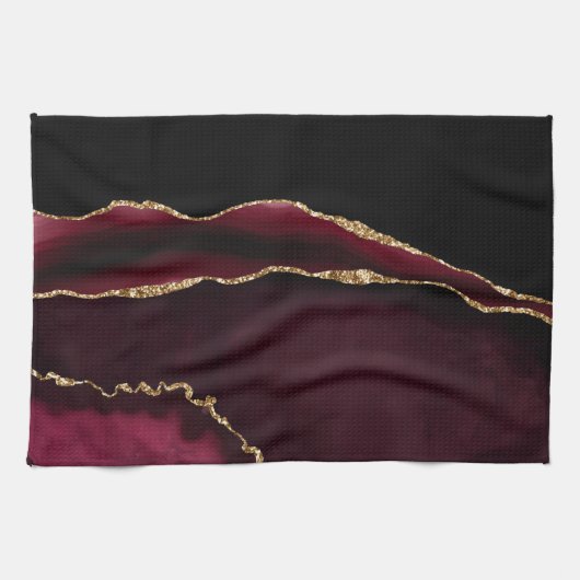 Marble Agate Chic Black Lila Gold Glitzer Geschirrtuch (Horizontal)