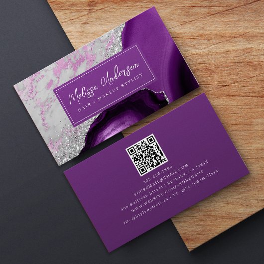 Marble Agate Lila Silver Glitzer QR Code Visitenkarte