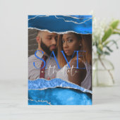 Marble Agate Royal Blue Foto Wedding Save The Date (Stehend Vorderseite)
