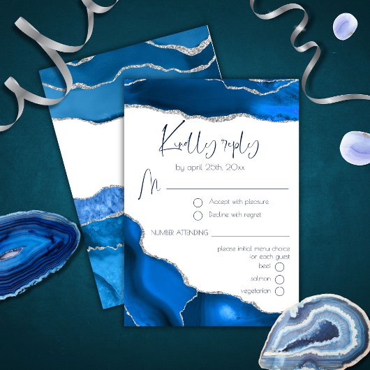 Marble Agate Royal Blue Menu Choice Wedding RSVP