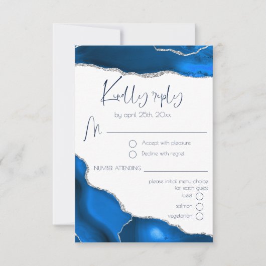 Marble Agate Royal Blue Menu Choice Wedding RSVP (Vorderseite)