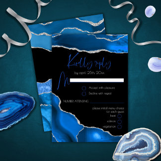 Marble Agate Royal Blue Menu Choice Wedding RSVP Karte