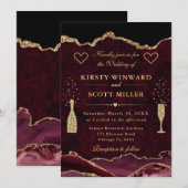 Marble Agate Wedding in Rot und Gold Glitzer Einladung (Vorne/Hinten)