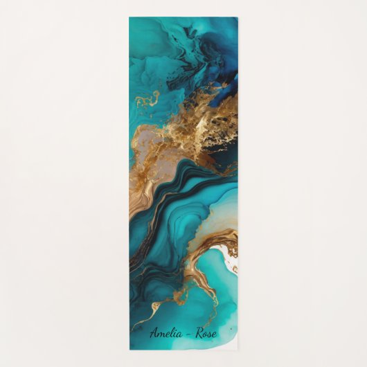 Marble Aqua Aquamarin Gold Yogamatte (Vorderseite)