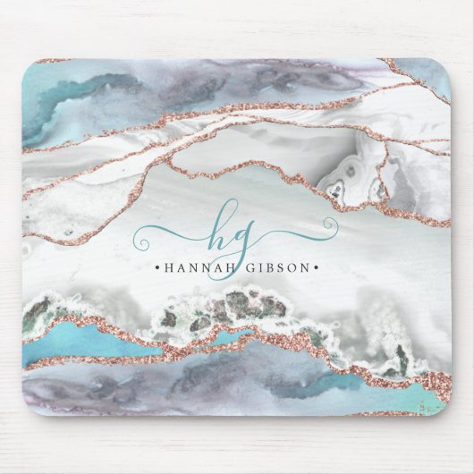 Marble Aquamarine Rose Gold Glitzer Script Monogra Mousepad (Vorne)